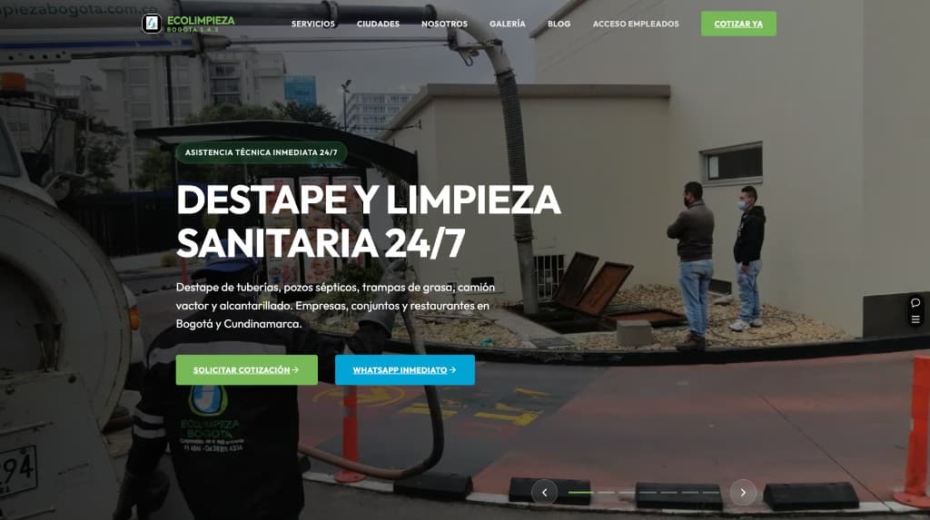 Inicio de ecolimpiezabogota.com.co: hero con servicio Vactor, asistencia 24/7 y CTAs de cotización y WhatsApp