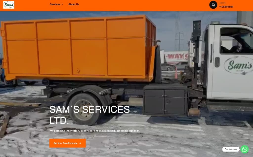 Inicio de samservicesltd.ca: hero con camión y contenedor industrial, barra naranja y llamada a cotización gratuita